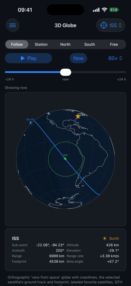 Animated 3D globe with the satellite ground track